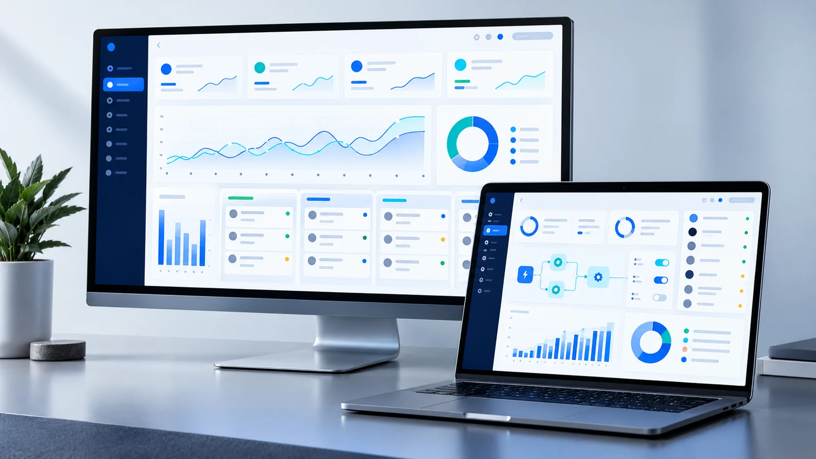 Business operations platform dashboard displayed on desktop and laptop screens