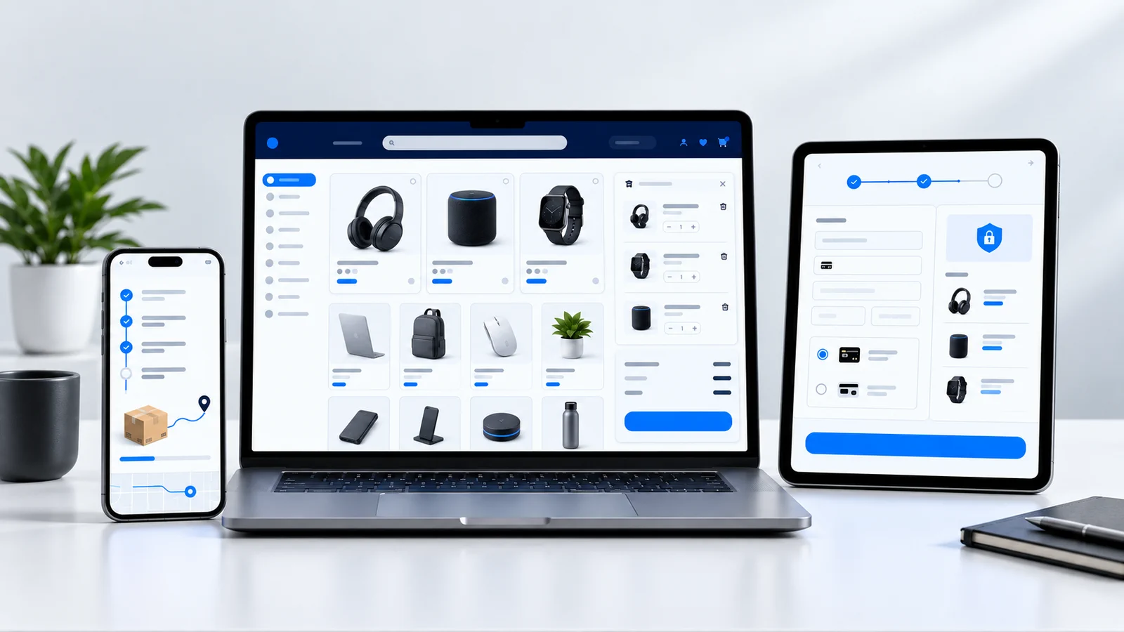 Modern e-commerce experience displayed across laptop, tablet and mobile devices